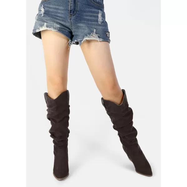 mysoft Womens Cowboy KneeHigh Boots Pointed Toe Mid Chunky Heel Pull On Slouchy Boots with ZippersChocolate
