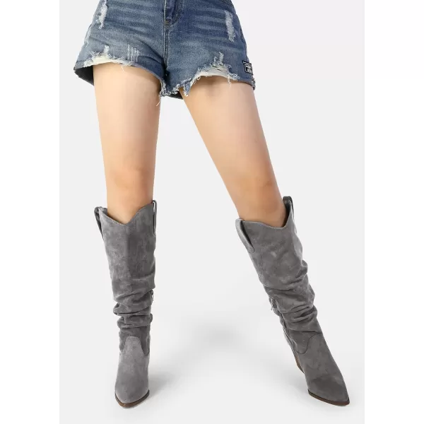 mysoft Womens Cowboy KneeHigh Boots Pointed Toe Mid Chunky Heel Pull On Slouchy Boots with ZippersGrey