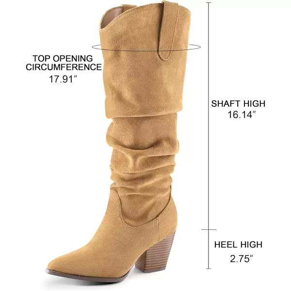 mysoft Womens Cowboy KneeHigh Boots Pointed Toe Mid Chunky Heel Pull On Slouchy Boots with ZippersLight Camel