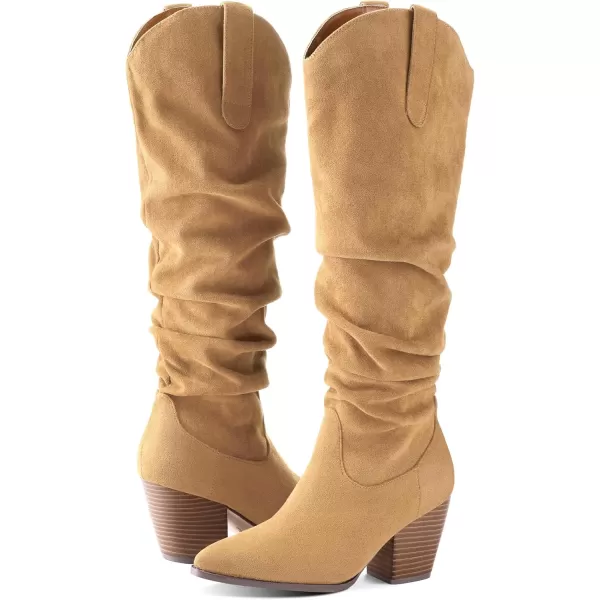 mysoft Womens Cowboy KneeHigh Boots Pointed Toe Mid Chunky Heel Pull On Slouchy Boots with ZippersLight Camel