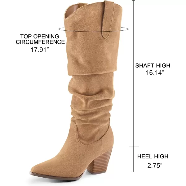 mysoft Womens Cowboy KneeHigh Boots Pointed Toe Mid Chunky Heel Pull On Slouchy Boots with ZippersTan