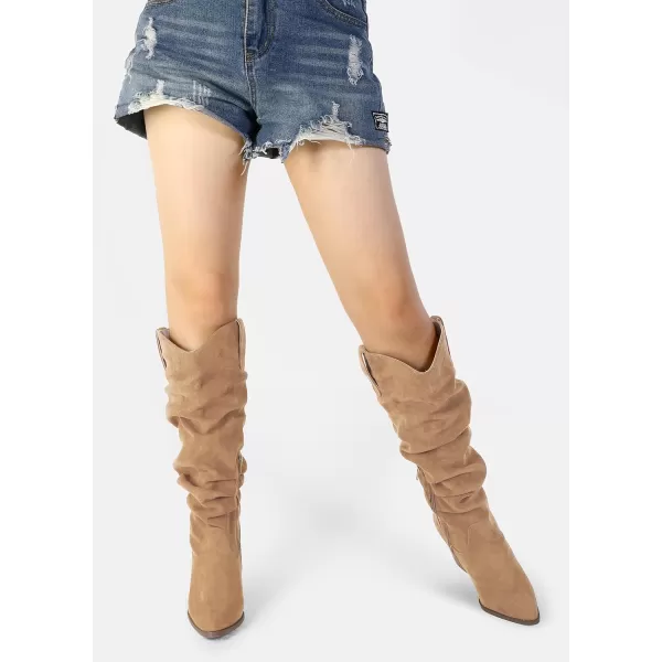 mysoft Womens Cowboy KneeHigh Boots Pointed Toe Mid Chunky Heel Pull On Slouchy Boots with ZippersTan