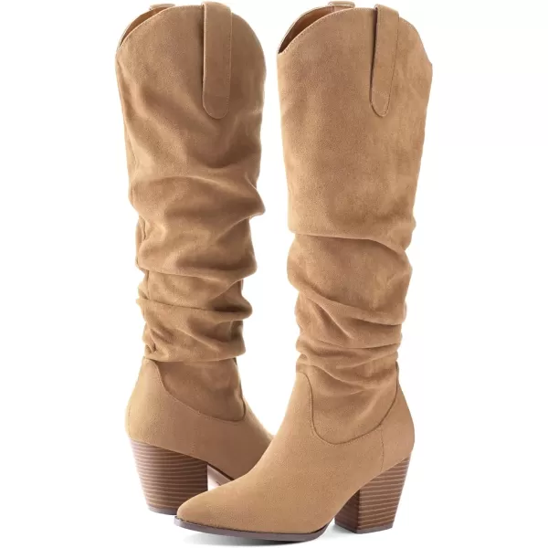 mysoft Womens Cowboy KneeHigh Boots Pointed Toe Mid Chunky Heel Pull On Slouchy Boots with ZippersTan