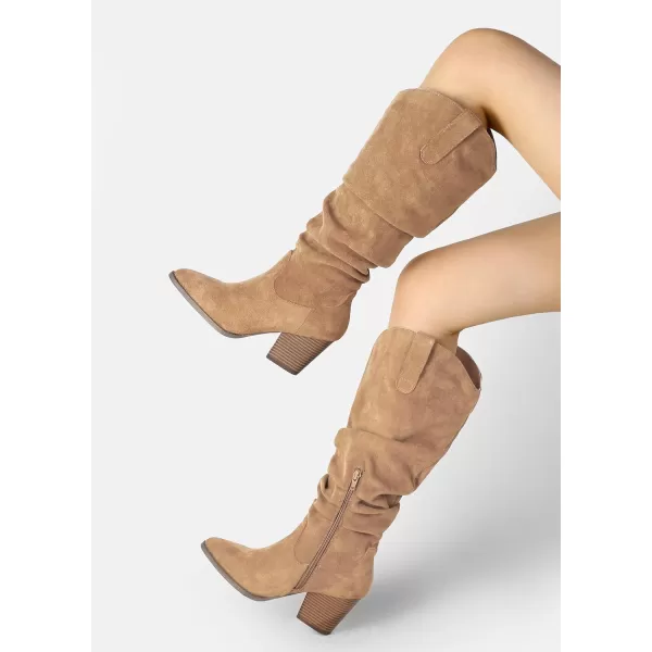 mysoft Womens Cowboy KneeHigh Boots Pointed Toe Mid Chunky Heel Pull On Slouchy Boots with ZippersTan