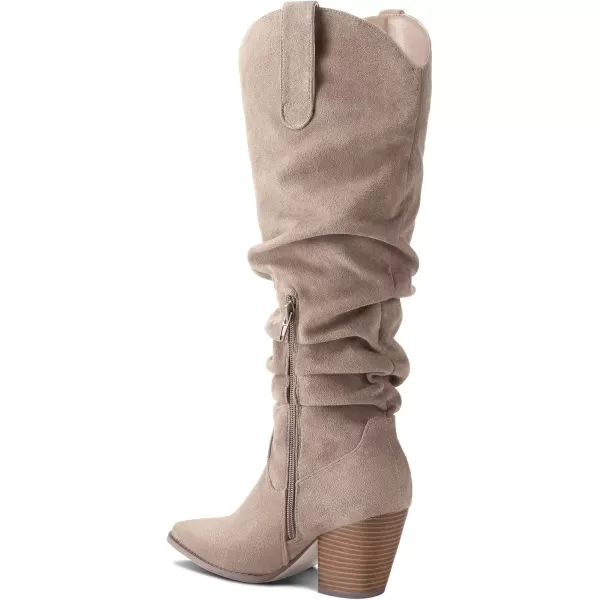 mysoft Womens Cowboy KneeHigh Boots Pointed Toe Mid Chunky Heel Pull On Slouchy Boots with ZippersTaupe
