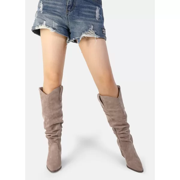 mysoft Womens Cowboy KneeHigh Boots Pointed Toe Mid Chunky Heel Pull On Slouchy Boots with ZippersTaupe