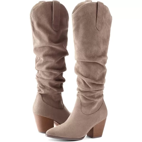 mysoft Womens Cowboy KneeHigh Boots Pointed Toe Mid Chunky Heel Pull On Slouchy Boots with ZippersTaupe