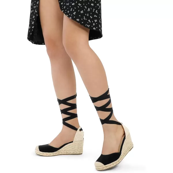 mysoft Womens Espadrille Platform Wedge Sandals Closed Toe Ankle Strap Lace up Summer ShoesBlack