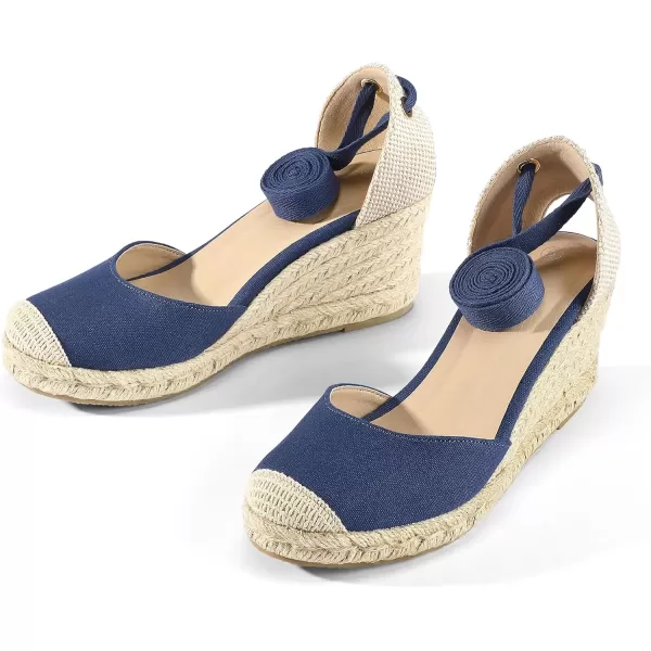 mysoft Womens Espadrille Platform Wedge Sandals Closed Toe Ankle Strap Lace up Summer ShoesNavy