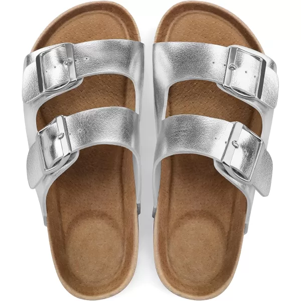 mysoft Womens Flat Sandals Cork Footbed Slides 2 Straps Adjustable Buckle Slip On Summer with Comfort ShoesSilver