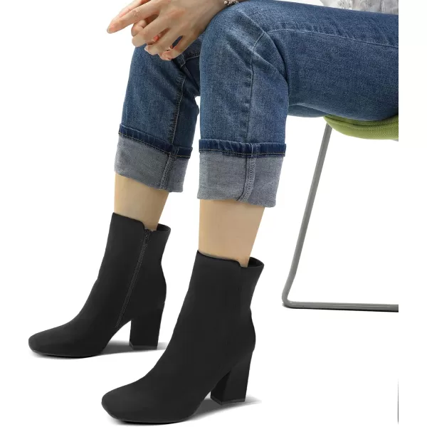 mysoft Womens GoGo Ankle Boots Square Toe Side Zipper Chunky Block Heel Mid Calf Low Heeled Short BootiesBlack