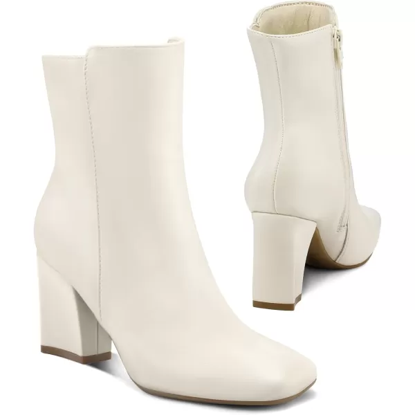 mysoft Womens GoGo Ankle Boots Square Toe Side Zipper Chunky Block Heel Mid Calf Low Heeled Short BootiesCream Pu