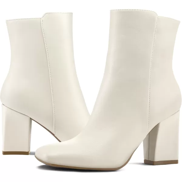 mysoft Womens GoGo Ankle Boots Square Toe Side Zipper Chunky Block Heel Mid Calf Low Heeled Short BootiesCream Pu