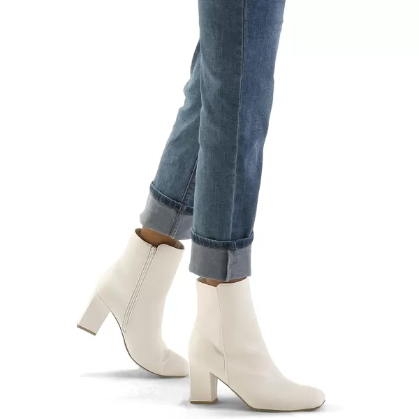mysoft Womens GoGo Ankle Boots Square Toe Side Zipper Chunky Block Heel Mid Calf Low Heeled Short BootiesCream Pu