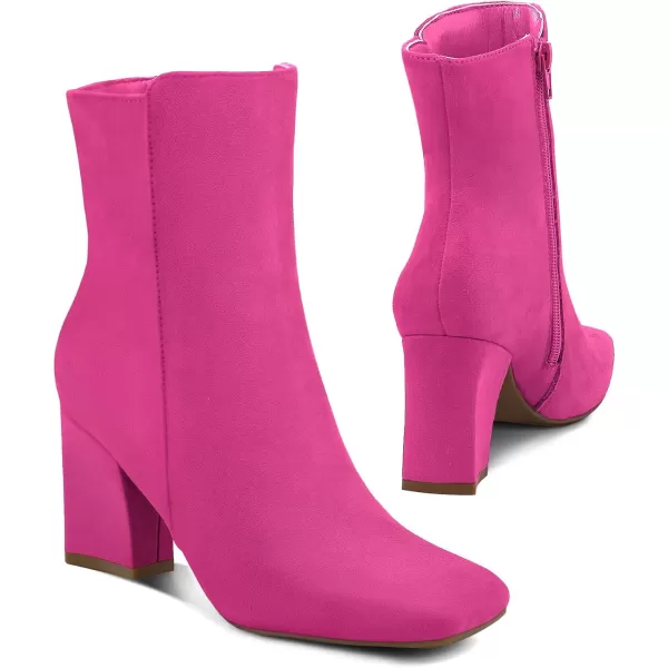 mysoft Womens GoGo Ankle Boots Square Toe Side Zipper Chunky Block Heel Mid Calf Low Heeled Short BootiesHot Pink