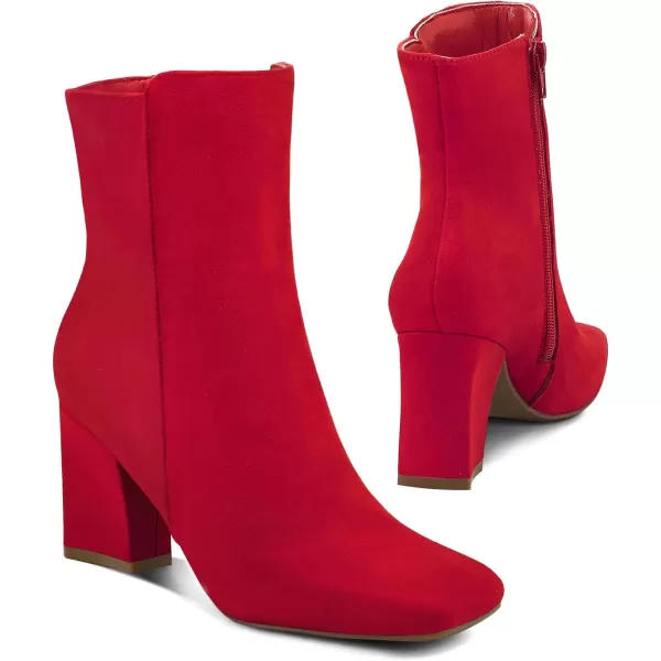 mysoft Womens GoGo Ankle Boots Square Toe Side Zipper Chunky Block Heel Mid Calf Low Heeled Short BootiesRed