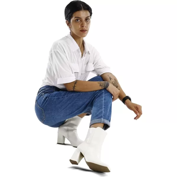 mysoft Womens GoGo Ankle Boots Square Toe Side Zipper Chunky Block Heel Mid Calf Low Heeled Short BootiesWhite Pu
