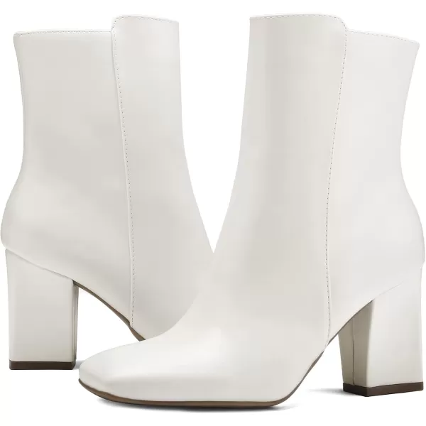 mysoft Womens GoGo Ankle Boots Square Toe Side Zipper Chunky Block Heel Mid Calf Low Heeled Short BootiesWhite Pu