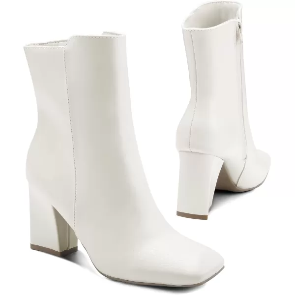 mysoft Womens GoGo Ankle Boots Square Toe Side Zipper Chunky Block Heel Mid Calf Low Heeled Short BootiesWhite Pu