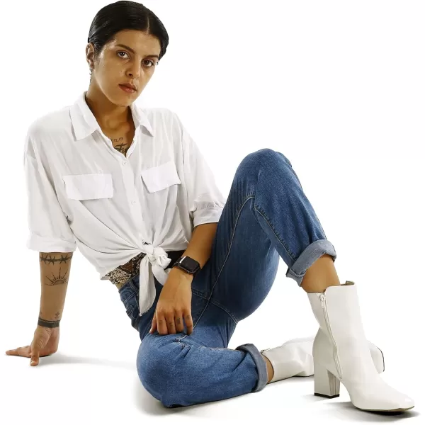 mysoft Womens GoGo Ankle Boots Square Toe Side Zipper Chunky Block Heel Mid Calf Low Heeled Short BootiesWhite Pu