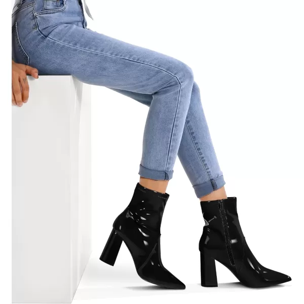 mysoft Womens GoGo Boots Mid Calf Block Heel Ankle Boots Pointed Toe Patent Leather Side Zipper BootiesBlack