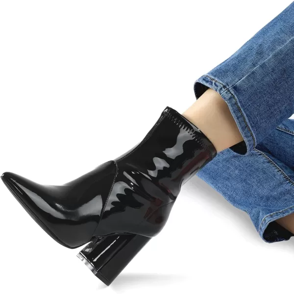 mysoft Womens GoGo Boots Mid Calf Block Heel Ankle Boots Pointed Toe Patent Leather Side Zipper BootiesBlack