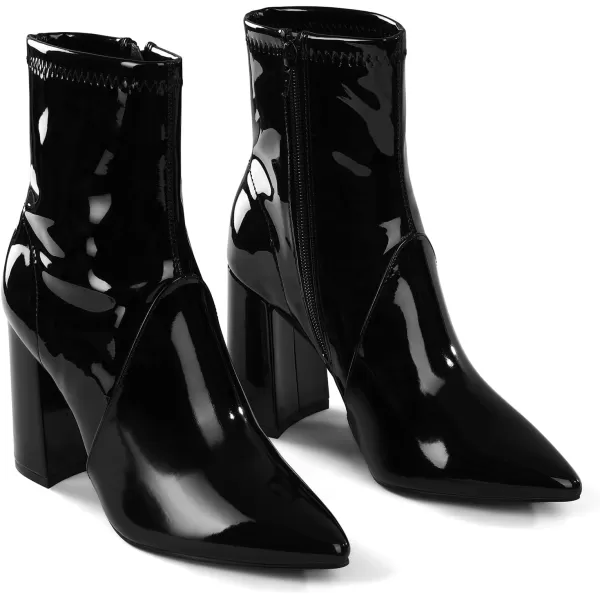 mysoft Womens GoGo Boots Mid Calf Block Heel Ankle Boots Pointed Toe Patent Leather Side Zipper BootiesBlack