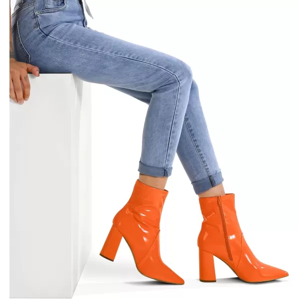 mysoft Womens GoGo Boots Mid Calf Block Heel Ankle Boots Pointed Toe Patent Leather Side Zipper BootiesOrange