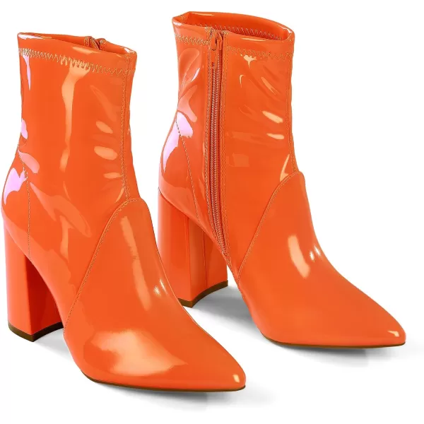 mysoft Womens GoGo Boots Mid Calf Block Heel Ankle Boots Pointed Toe Patent Leather Side Zipper BootiesOrange
