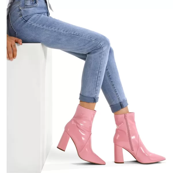 mysoft Womens GoGo Boots Mid Calf Block Heel Ankle Boots Pointed Toe Patent Leather Side Zipper BootiesPink