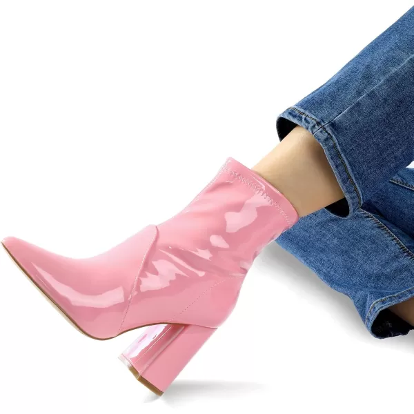 mysoft Womens GoGo Boots Mid Calf Block Heel Ankle Boots Pointed Toe Patent Leather Side Zipper BootiesPink