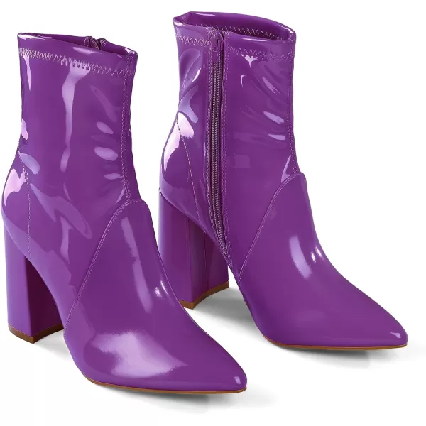 mysoft Womens GoGo Boots Mid Calf Block Heel Ankle Boots Pointed Toe Patent Leather Side Zipper BootiesPurple