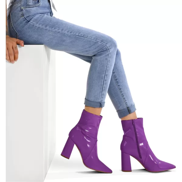 mysoft Womens GoGo Boots Mid Calf Block Heel Ankle Boots Pointed Toe Patent Leather Side Zipper BootiesPurple
