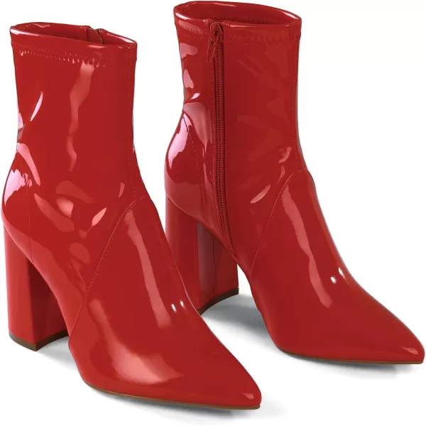 mysoft Womens GoGo Boots Mid Calf Block Heel Ankle Boots Pointed Toe Patent Leather Side Zipper BootiesRed