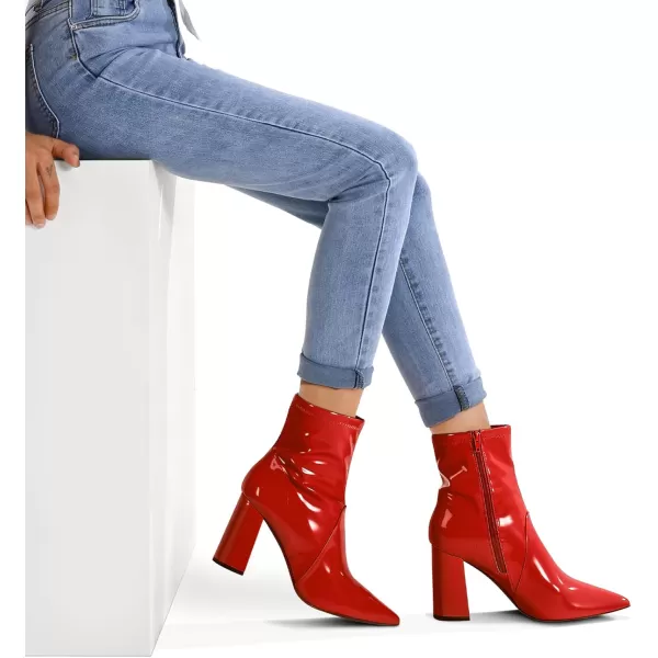 mysoft Womens GoGo Boots Mid Calf Block Heel Ankle Boots Pointed Toe Patent Leather Side Zipper BootiesRed