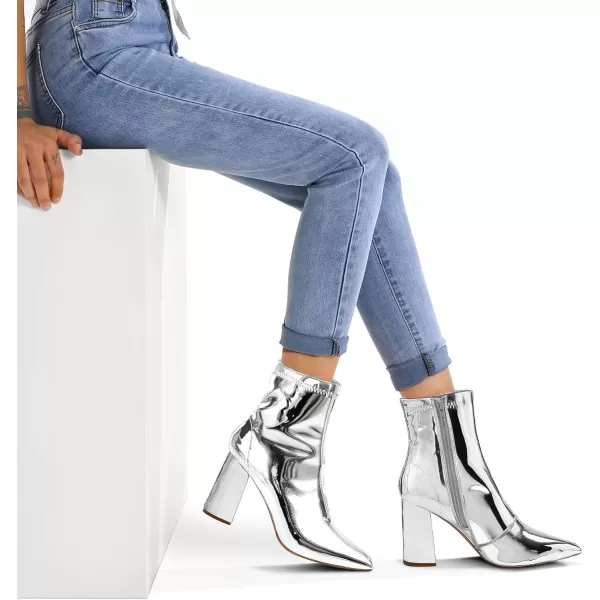mysoft Womens GoGo Boots Mid Calf Block Heel Ankle Boots Pointed Toe Patent Leather Side Zipper BootiesSilver