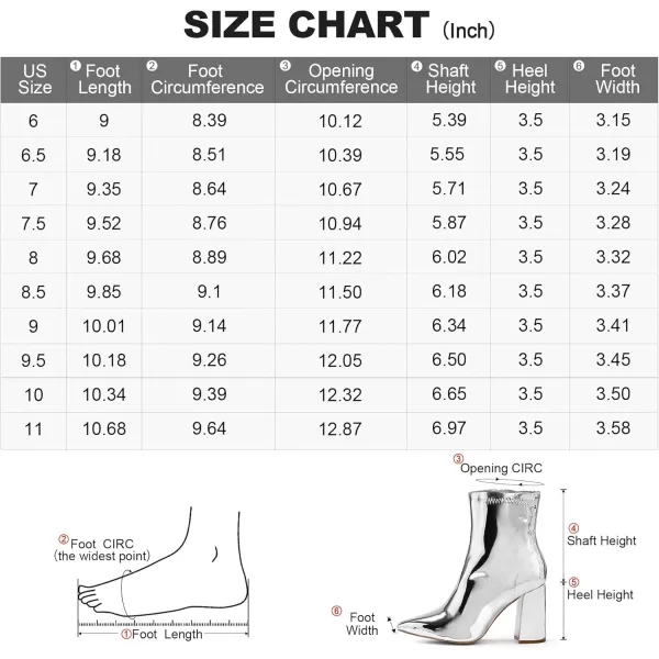 mysoft Womens GoGo Boots Mid Calf Block Heel Ankle Boots Pointed Toe Patent Leather Side Zipper BootiesSilver