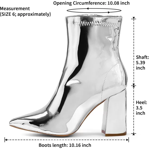 mysoft Womens GoGo Boots Mid Calf Block Heel Ankle Boots Pointed Toe Patent Leather Side Zipper BootiesSilver