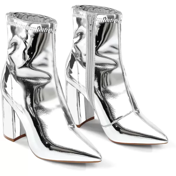 mysoft Womens GoGo Boots Mid Calf Block Heel Ankle Boots Pointed Toe Patent Leather Side Zipper BootiesSilver