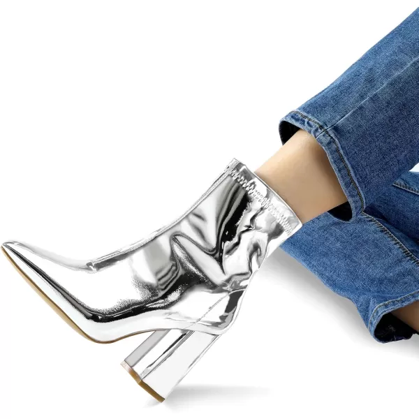 mysoft Womens GoGo Boots Mid Calf Block Heel Ankle Boots Pointed Toe Patent Leather Side Zipper BootiesSilver