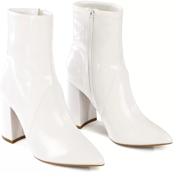 mysoft Womens GoGo Boots Mid Calf Block Heel Ankle Boots Pointed Toe Patent Leather Side Zipper BootiesWhite
