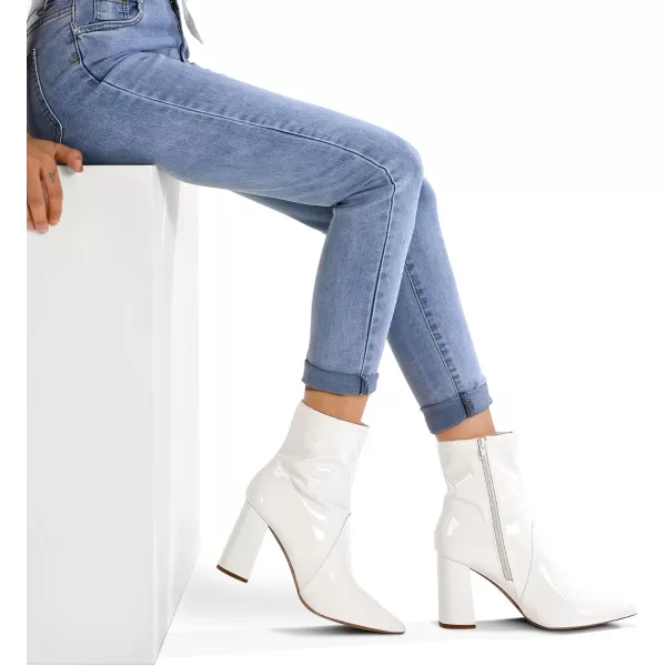 mysoft Womens GoGo Boots Mid Calf Block Heel Ankle Boots Pointed Toe Patent Leather Side Zipper BootiesWhite