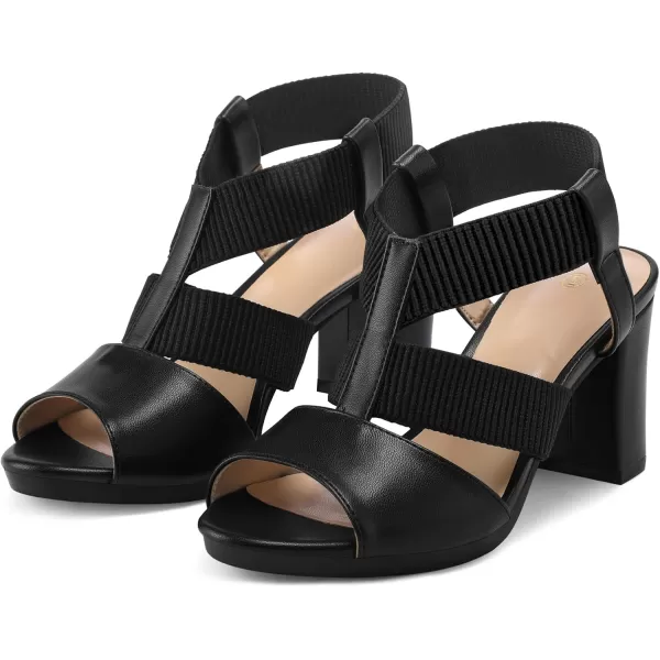 mysoft Womens Heeled Sandals with Elastic Ankle Strap Chunky Block Heel Open Toe ShoesBlack Pu