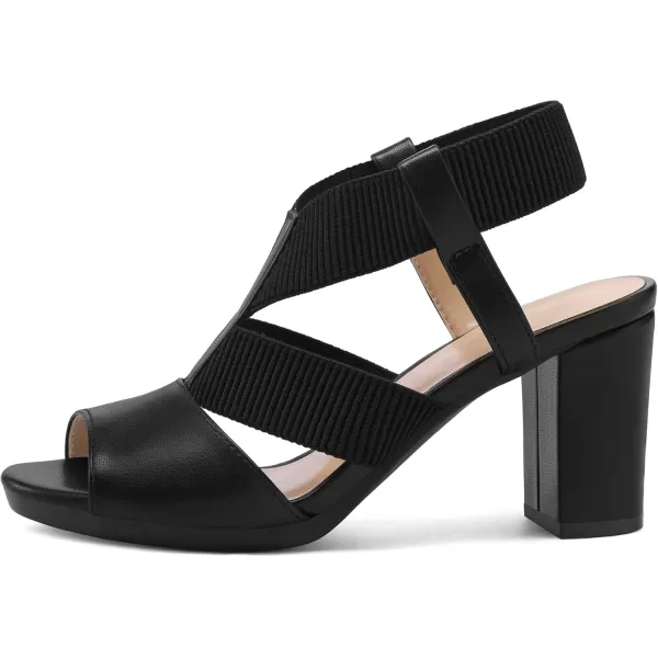 mysoft Womens Heeled Sandals with Elastic Ankle Strap Chunky Block Heel Open Toe ShoesBlack Pu