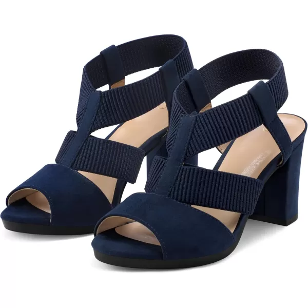 mysoft Womens Heeled Sandals with Elastic Ankle Strap Chunky Block Heel Open Toe ShoesNavy