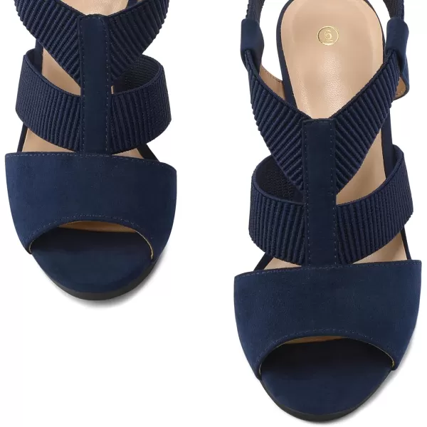 mysoft Womens Heeled Sandals with Elastic Ankle Strap Chunky Block Heel Open Toe ShoesNavy