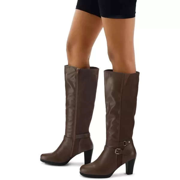 mysoft Womens Knee High Boots Chunky Heel Boots with ZipperSplicing Brown