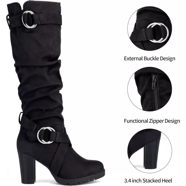 mysoft Womens Knee High Boots Fashion Chunky Block Heel Warm Winter Boots with Side ZippersBlack Suede