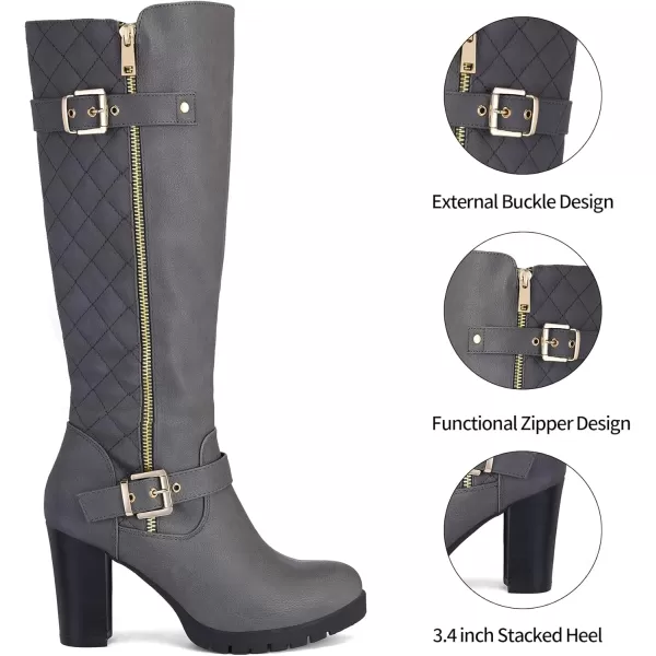 mysoft Womens Knee High Boots Fashion Chunky Block Heel Warm Winter Boots with Side ZippersGrey Pu