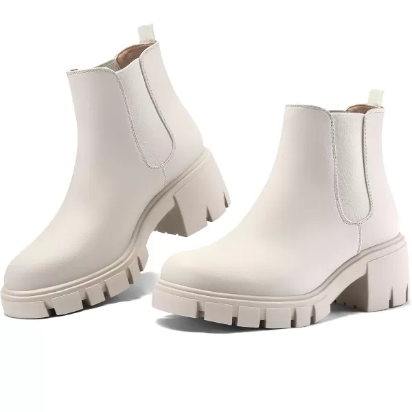 mysoft Womens Platform Chelsea Boots Lug Sole Slip On Chunky Block Heel Ankle BootiesBone White